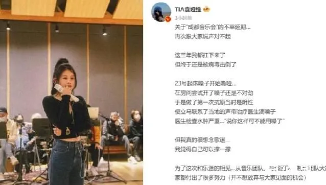 女歌手袁娅维因取消音乐会发文道歉